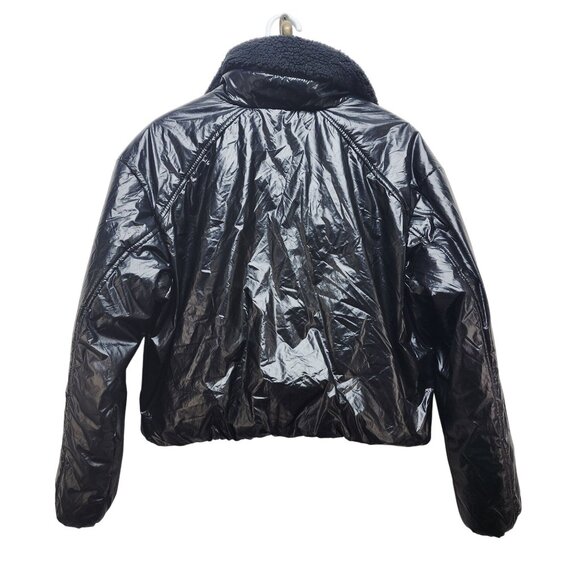 Allmotion Womens Black Shiny Cropped Puffer Jacket With Sherpa Collar Size L - Picture 2 of 8